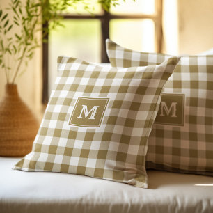 Cojín Decorativo Monograma Plaid Búfalo Dorado y Blanco
