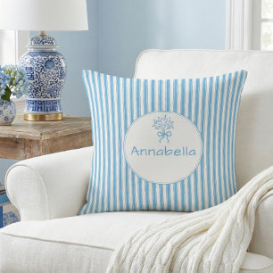 Cojín Decorativo Monograma Preppy de Raya Blanca Azul Caprichosa