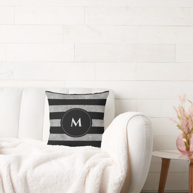 Cojín Decorativo Monograma rayado Purpurina de plata negra de moda (Sofá)