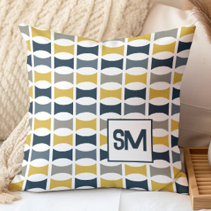 Cojín Decorativo Monograma Retro Mediados de Siglo Geométrico Azul 