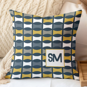 Cojín Decorativo Monograma Retro Mediados de Siglo Geométrico Azul 