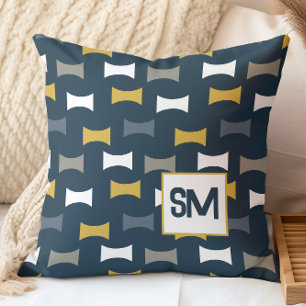 Cojín Decorativo Monograma Retro Mediados de Siglo Geométrico Azul 
