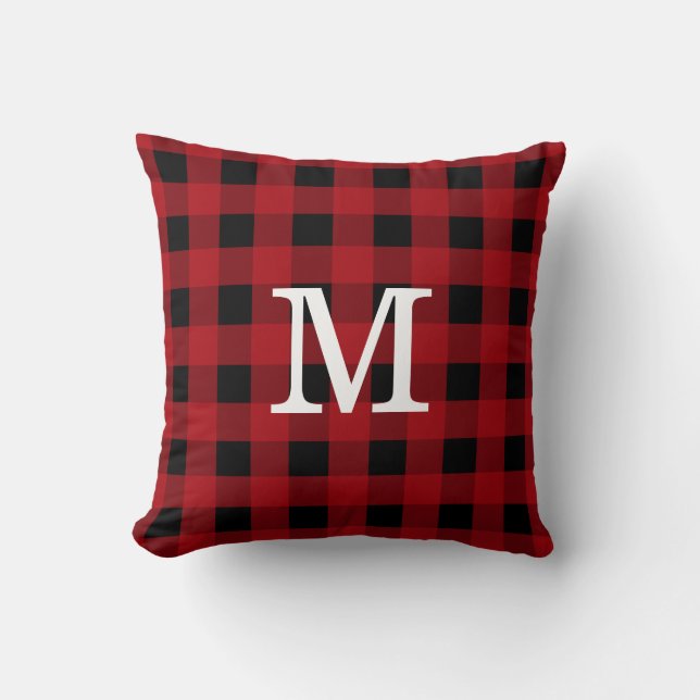 Cojín Decorativo Monograma Rojo Negro Búfalo Tapado Cabina Rústica (Anverso)