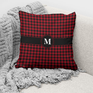 Cojín Decorativo Monograma Rojo y Negro Gingham Plaid Checs Patrón
