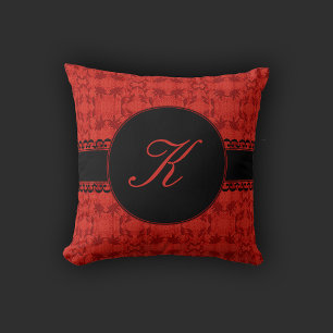 Cojín Decorativo Monograma Románico Rojo Y Negro Faux Lace