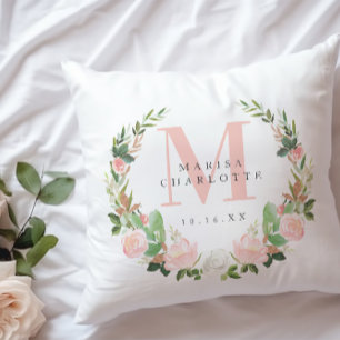 Cojín Decorativo Monograma rosa Acuarela Floral Nursera de flores