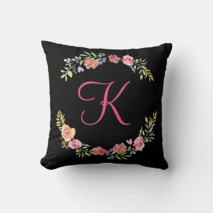 Cojín Decorativo Monograma Rosa, Amarillo y Verde Floral Acuarela
