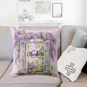 Cojín Decorativo Monograma rosa de las flores de la ventana de los 