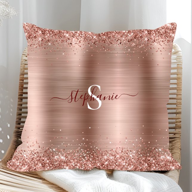 Cojín Decorativo Monograma Rosa Faux-Purpurina Girly Glam (Monogram Rose Gold Glitter Girly Glam Throw Pillow)