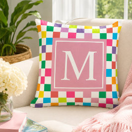 Cojín Decorativo Monograma rosa sonrosado personalizado con cuadros