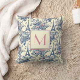 Cojín Decorativo Monograma rosa y azul preppy Paris Toile