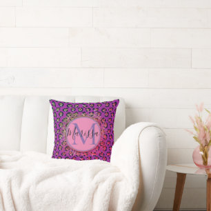 Cojín Decorativo Monograma rosa y púrpura de leopardo de las lunas