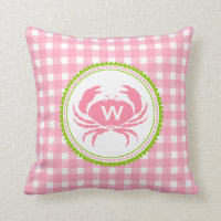 Monograma rosado Gingham y cangrejo Pillow