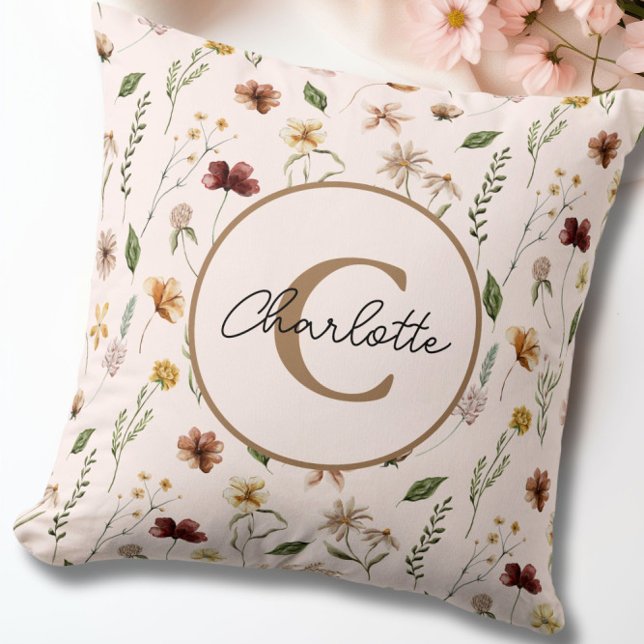 Cojín Decorativo Monograma rosado Rubor bucal bonito (Pretty Floral Botanical Blush Pink Monogram Throw Pillow)