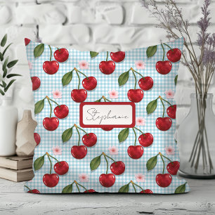 Cojín Decorativo Monograma Rústico Blue Gingham And Cherries