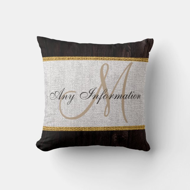 Cojín Decorativo Monograma Rústico Burlap De Madera (Anverso)