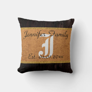Cojín Decorativo Monograma Rústico Burlap Linen Wood look