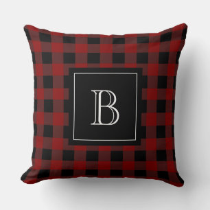Cojín Decorativo Monograma Rústico Cuadro de Plaid Rojo Negro Búfal