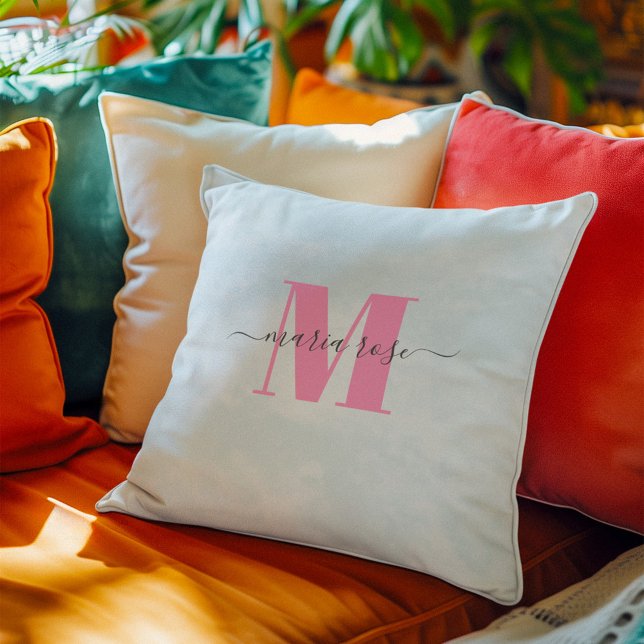 Cojín Decorativo Monograma simple azul rosa personalizado (Simple blue and pink monogrammed pillow)