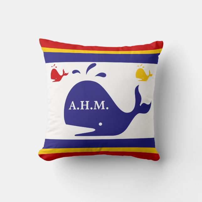 Cojín Decorativo MONOGRAMA sobre ballenas azules, amarillas y rojas (Anverso)