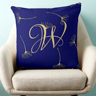Cojín Decorativo Monograma sofisticado azul oscuro y dorado