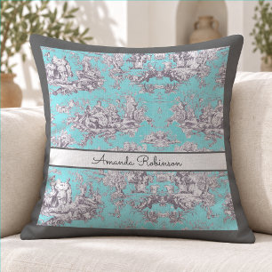 Cojín Decorativo Monograma Toile Francés Azul Acuático Vintage