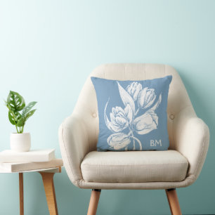 Cojín Decorativo Monograma tulipanes blancos sobre azul oscuro