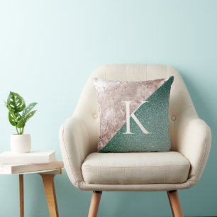 Cojín Decorativo Monograma verde brillante de mármol rosa