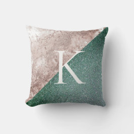 Cojín Decorativo Monograma verde brillante de mármol rosa