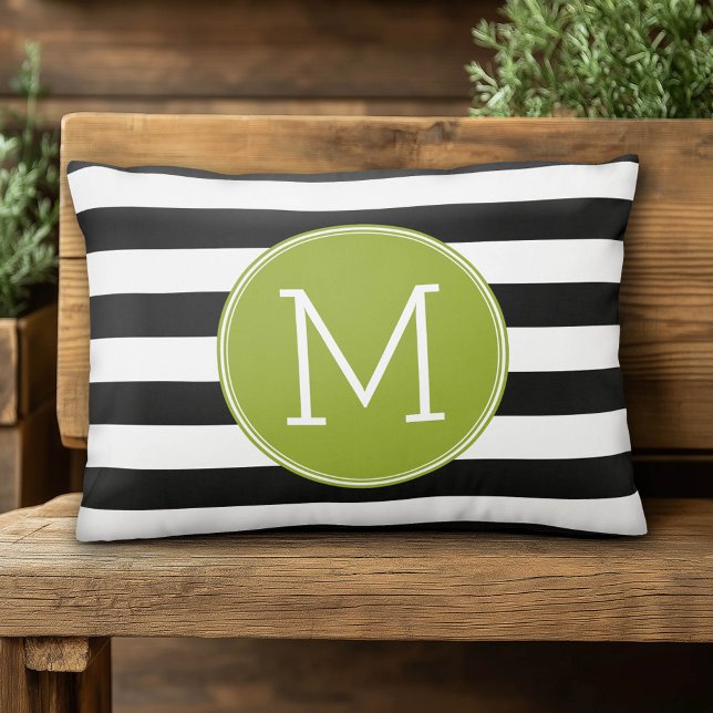 Cojín Decorativo Monograma verde del patrón rayado negro y blanco (Custom Monogram Pillow)
