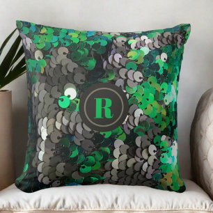 Cojín Decorativo Monograma verde gris secuelas brillantes de brillo