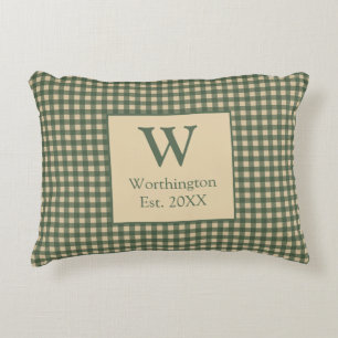 Cojín Decorativo Monograma Verde Marrón Beige Plaid Búfalo Campo 