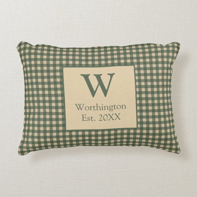 Cojín Decorativo Monograma Verde Marrón Beige Plaid País  (Anverso)