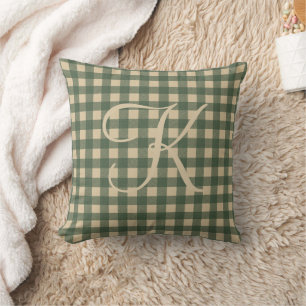 Cojín Decorativo Monograma Verde Marrón Plaid Rústico País 