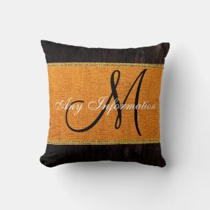 Cojín Decorativo Monograma Wood look Naranja Burlap Rustic