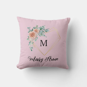 Cojín Decorativo Monograma y nombre del corazón dorado de rosas pin