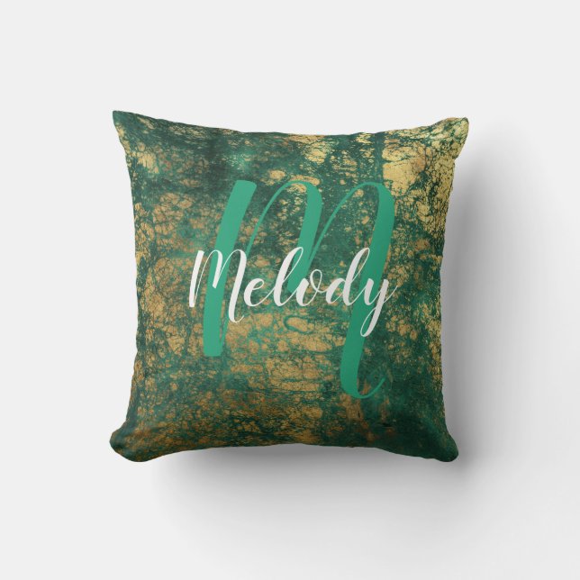 Cojín Decorativo Monograma y nombre personalizados Verde y Oro (Anverso)