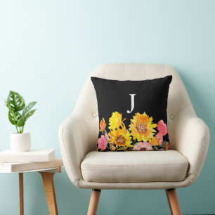 Cojín Decorativo Monograma Yellow Sunflower Watercolor