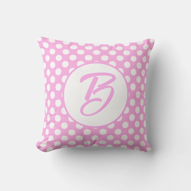 Cojín Decorativo Monogramación de puntos de polka retro blanco rosa (Anverso)