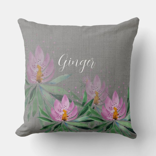 Cojín Decorativo Monogramado de arte acuático Lilac Lotus rosa (Anverso)