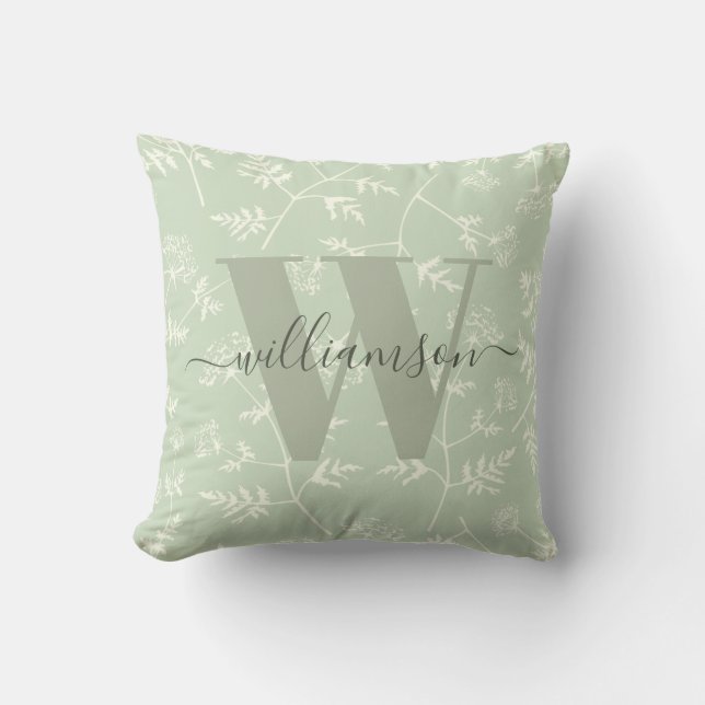 Cojín Decorativo Monogramado de floral botánica verde sabio rústico (Anverso)