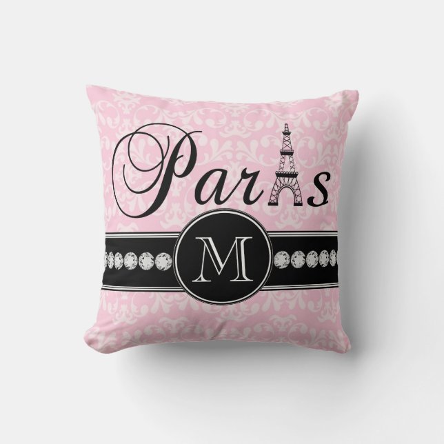 Cojín Decorativo Monogramado de Girly Pink Damask Paris (Anverso)