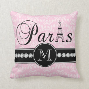 Cojín Decorativo Monogramado de Girly Pink Damask Paris