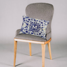 Cojín Decorativo Monogramado de mosaico blanco azul geométrico vint