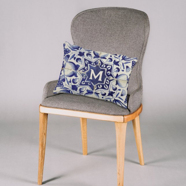 Cojín Decorativo Monogramado de mosaico blanco azul geométrico vint (Subido por el creador)