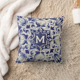 Cojín Decorativo Monogramado de mosaico blanco azul geométrico vint