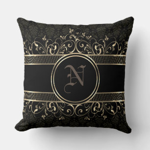 Cojín Decorativo Monogramado gótico negro y dorado