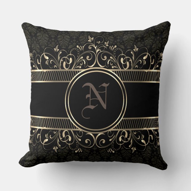 Cojín Decorativo Monogramado gótico negro y dorado (Anverso)