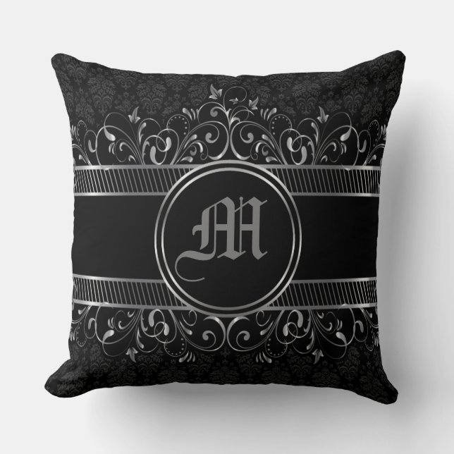 Cojín Decorativo Monogramado gótico negro y plateado (Anverso)