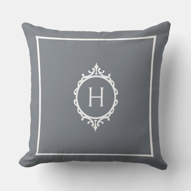 Cojín decorativo monogramado gris y blanco de Chel (Anverso)